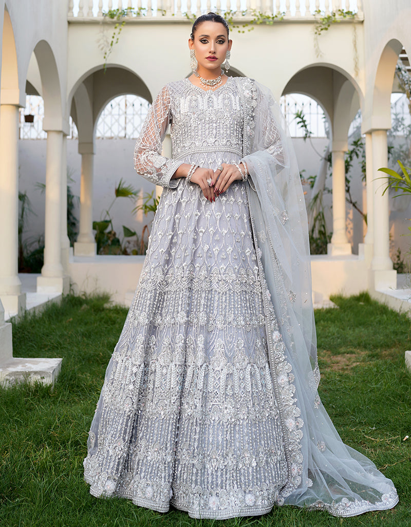 ✨ Fantastic Pakistani Bridal Maxi Dress in Enchanting Ice-Gray ❄️