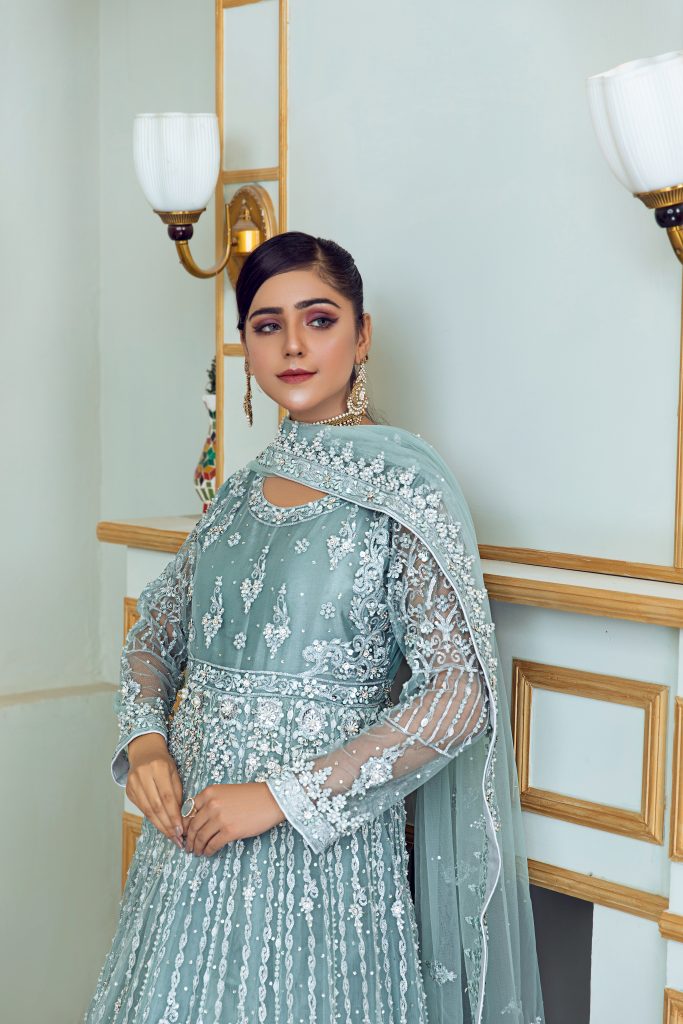 💎 Pakistani Bridal Elegance: ICE-BLUE Maxi Dress with Lavish Embroidery 💎