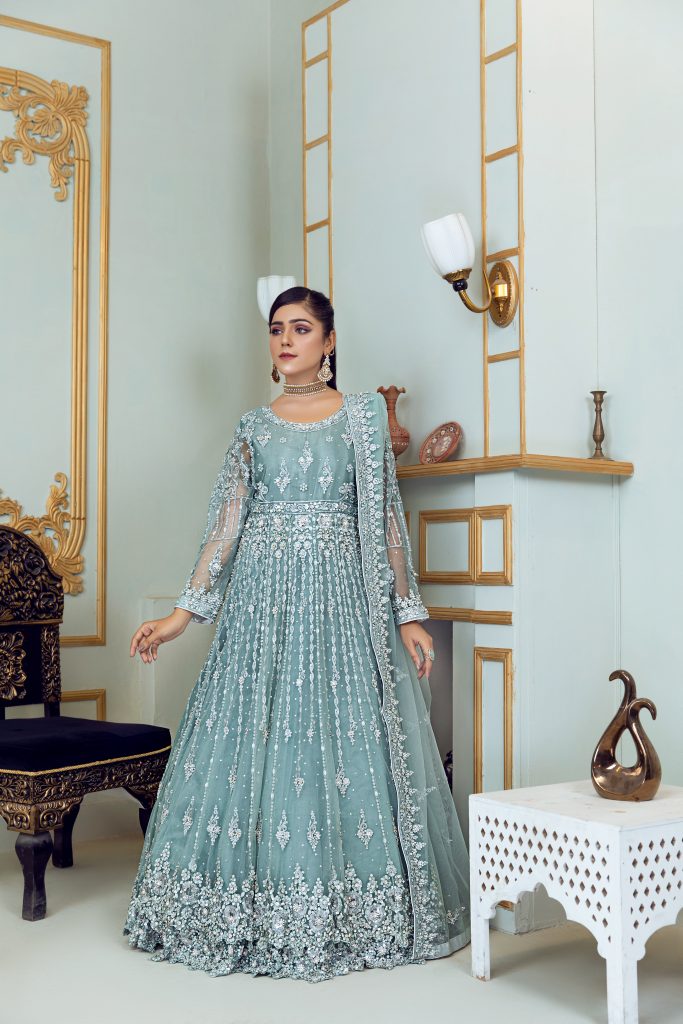 💎 Pakistani Bridal Elegance: ICE-BLUE Maxi Dress with Lavish Embroidery 💎