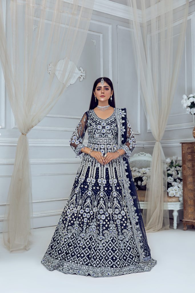 Pretty Bridal Maxi Dress in Pakistan - Adorable Heavy Embroidered Blue Elegance 👗